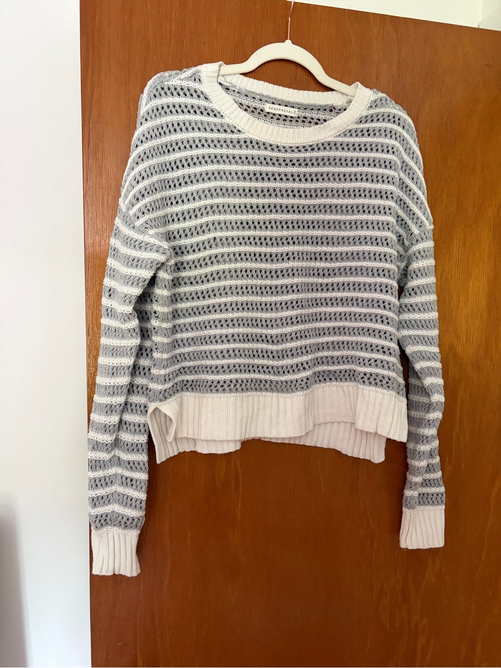 Aeropostale Open-Knit Striped Crewneck Sweater - Gray & Cream
